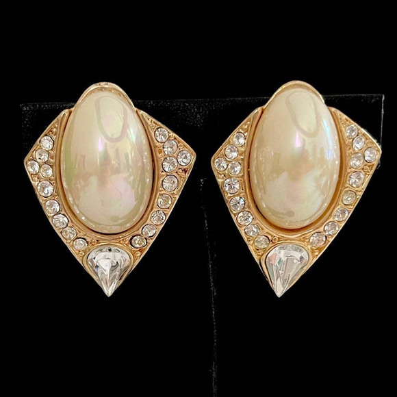 Vintage Earrings Oil Spill Pearl HIGH END Retro Rhinestone Costume Jewelry JU10 - Picture 1 of 5